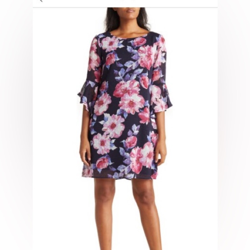 $20 MEMORIAL DAY BLOWOUT Floral Swiss Dot Chiffon dress navy/fuscia size 10 NWT